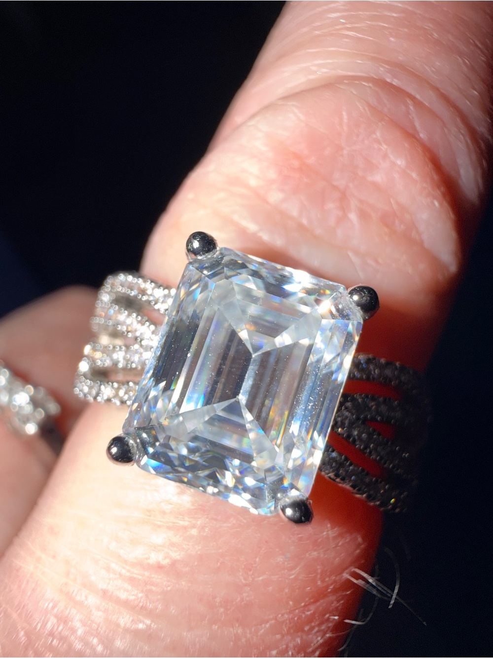 Sterling Silver Emerald-Cut Clear Moisannite Statement Ring